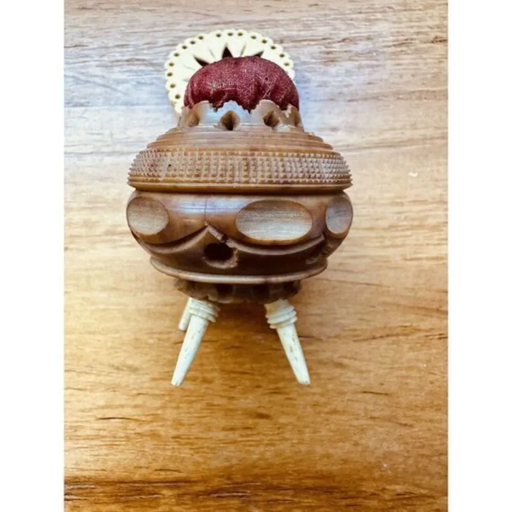 Antique Victorian‎ Carved Tagua Nut Coquilla Nut Mini Chair Red Pin Cushion